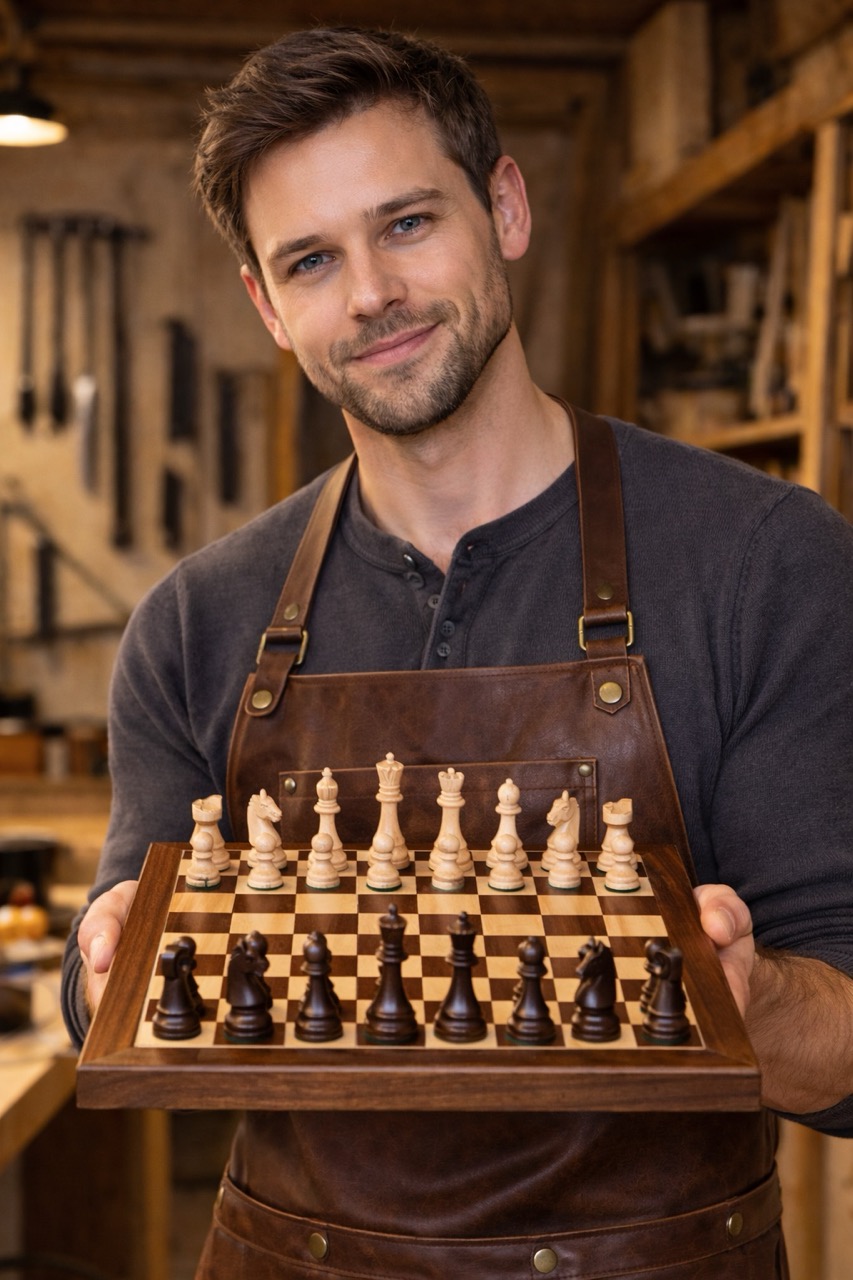 Ethan holding a handcrafted walnut and maple chessboard in his workshop